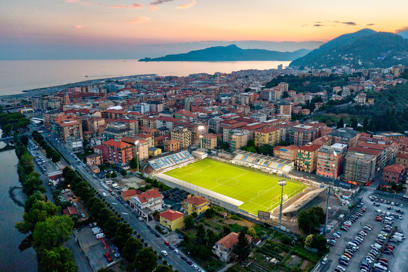 Stadio Chiavari illuminated with Lumosa LED stadium lighting for Virtus Entella.
