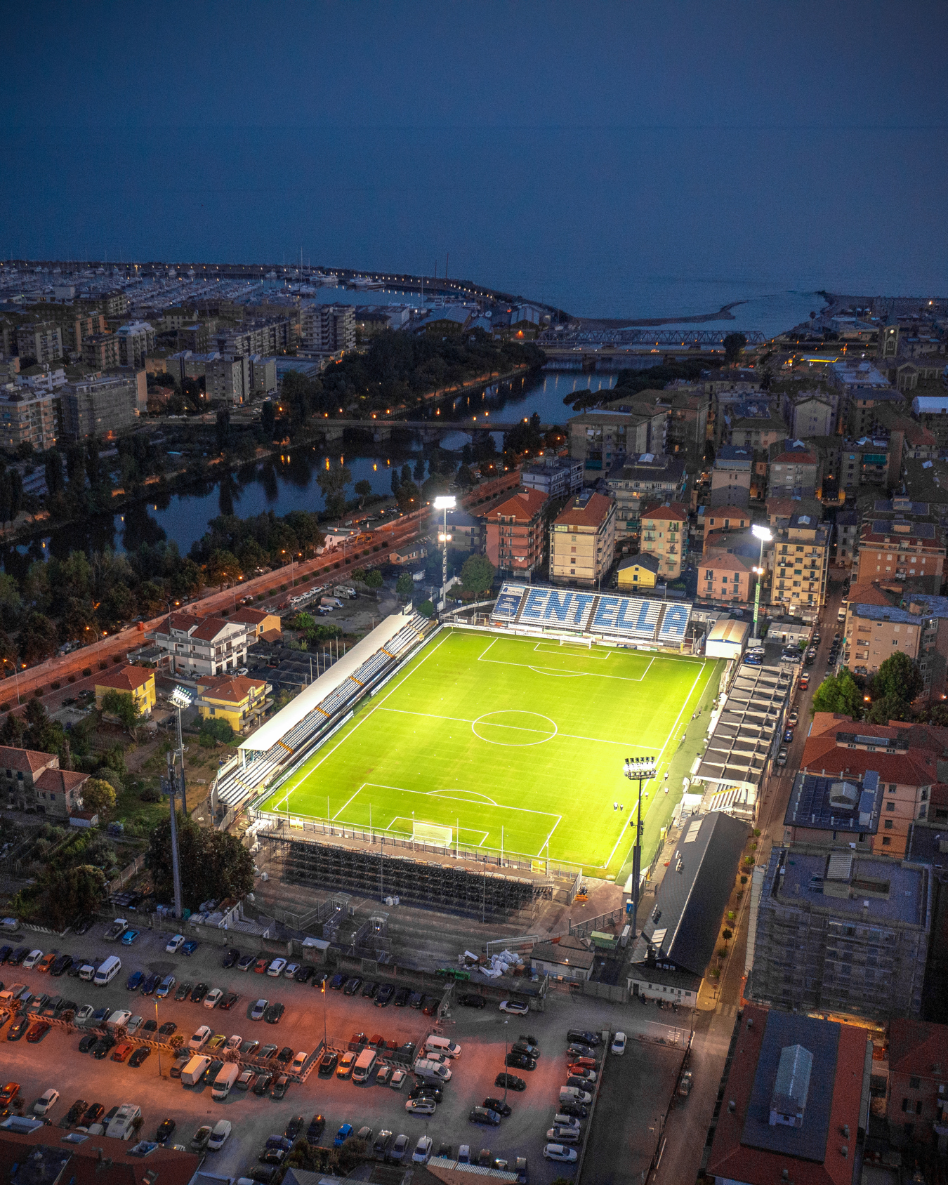 Stadio Chiavari illuminated at night with Lumosa LED stadium lighting for Virtus Entella.
