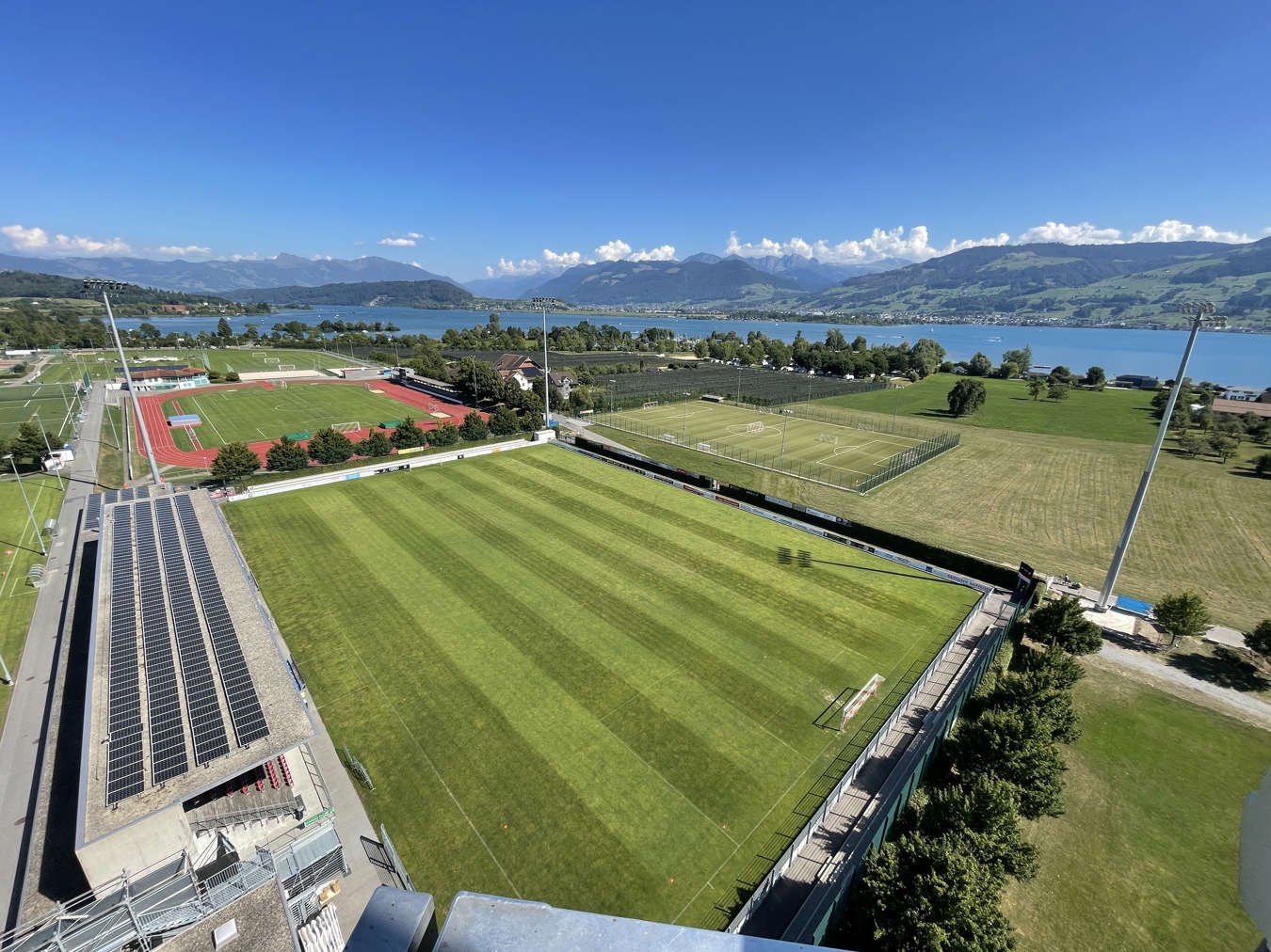 Stadion Grünfeld Rapperswil-Jona in Switzerland illuminated with Lumosa LED stadium lighting.